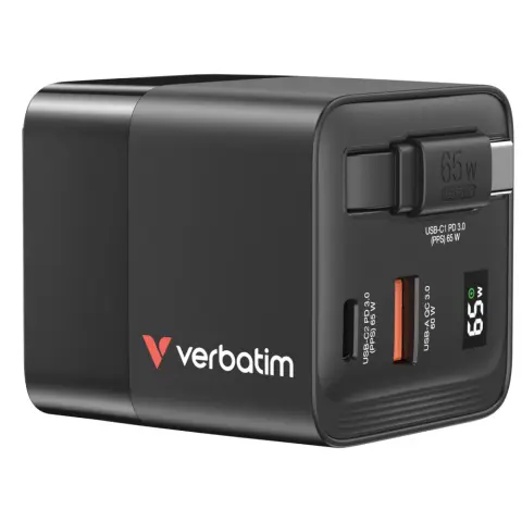 VERBATIM GaN Wall Charger 65W 2 Port with Retractable Cable black