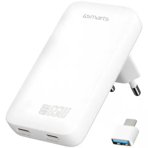 4SMARTS Charger FlatPlug Slim Dual 65W GaN 2C fehér