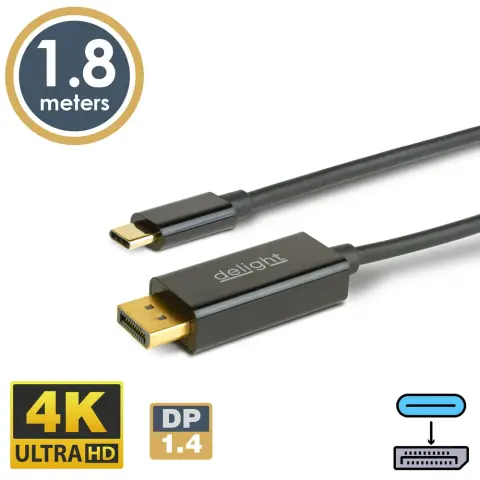 DELIGHT USB 2.0 Type C DisplayPort 1.4 Átalakító Fekete 1.8m 20335B