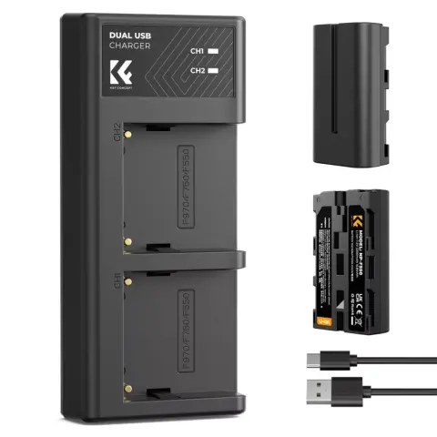 K-F CONCEPT Hordozható dupla USB-C akkumulátor NP-F550 töltő + 2db NP-F550 akkumulátor 2600mAh