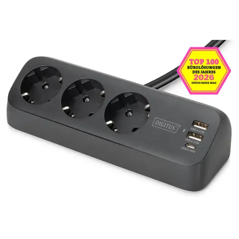 DIGITUS DA-70625 3-outlet desktop power strip 2x USB-A 1x USB-C 1.5m black