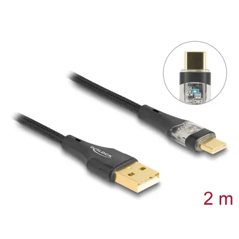 DELOCK USB 2.0 kábel A-típusú apa - USB Type-C apa gyors töltővel 60 W áttetsző 2 m
