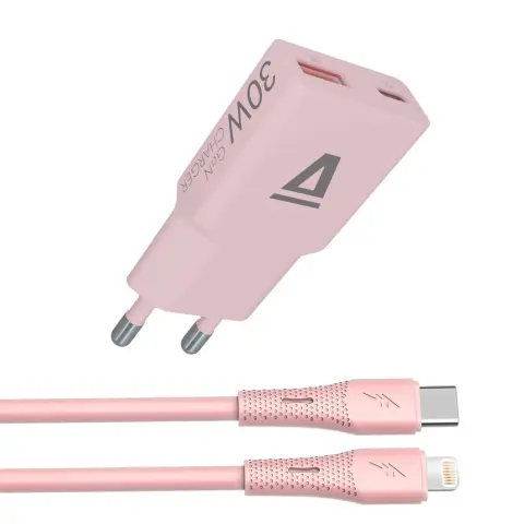 AVAX CH6418 30W GaN charger and USB-C–Lightning silicone cable pink