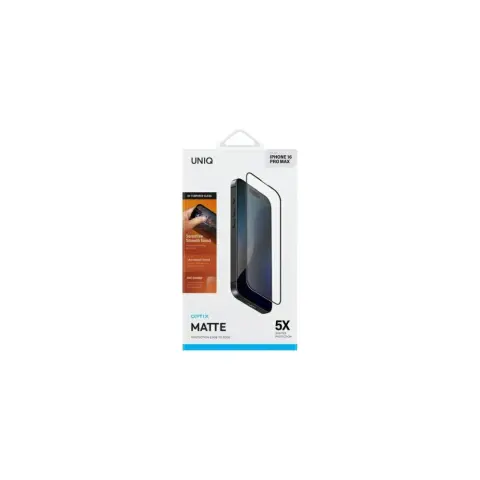 UNIQ Optix Matte Apple iPhone 16 Pro Max / 17 Pro Max edzett üveg kijelzővédő fólia felhelyező kerettel fekete