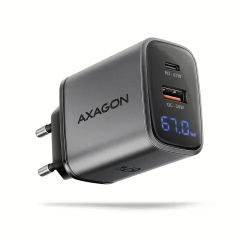 AXAGON ACU-PQ67D PD3.0 & QC4+ 2xOUTPUTS LCD display fali töltő 67W fekete