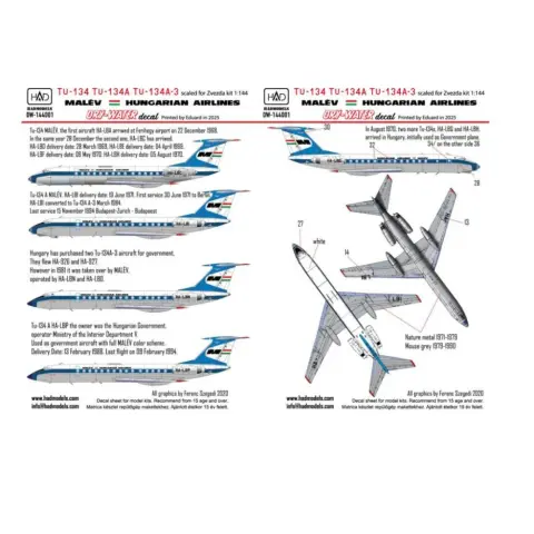 HADMODELS 1/144 Tu-134 A Malév 70 -80 évek utasszállító repülőgép matrica készlet HADDW144001