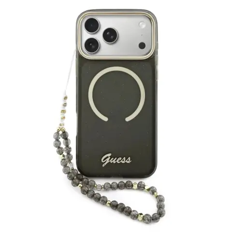 GUESS IML Glitter Script MagSafe tok karpánttal iPhone 17 Pro Max / iPhone 18 Pro Max fekete-arany