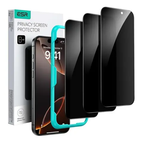 ESR iPhone 17 Pro Max / iPhone 18 Pro Max PRIVACY képernyővédő üveg 3db 2.5D 9H betekintés ellen + segédkeret fekete GP-181689