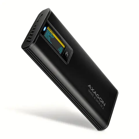 AXAGON EEM2-SD2B M.2 NVMe & SATA SSD külső ház kijelzővel USB-C 10Gbps fekete
