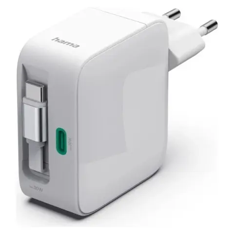 HAMA GaN fast charger 2x USB-C with retractable cable PD 30W white