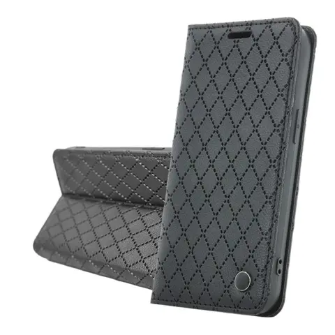 GIGAPACK Flip oldalra nyíló asztali tartós tok kártyatartóval 3D rombusz mintás Apple iPhone 17 Pro Max / iPhone 18 Pro Max fekete GP-192012