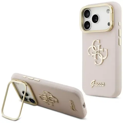 GUESS Grained Big 4G tok kitámasztható kamera peremmel iPhone 17 Pro Max / iPhone 18 Pro Max rózsaszín-arany GUHCP17XPCS4GSP