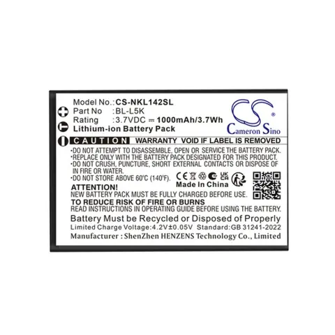 CAMERON SINO Li-Ion akku Nokia BL-L5K 3.7V/1000mAh fekete CS-NKL142SL