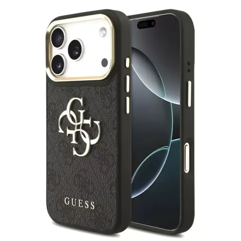 GUESS PU Leather 4G Metal Logo Gold Frame tok iPhone 17 Pro Max / iPhone 18 Pro Max fekete
