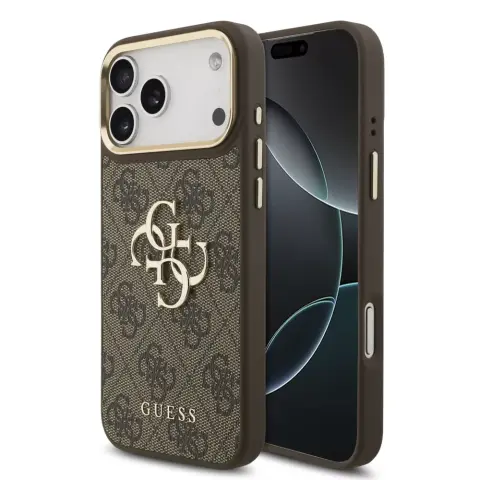 GUESS PU Leather 4G Metal Logo Gold Frame tok iPhone 17 Pro Max / iPhone 18 Pro Max barna