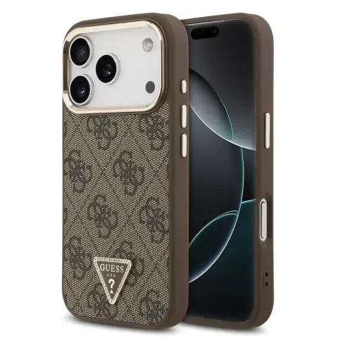 GUESS PU Leather 4G Strass Triangle Logo Gold Frame mágneses tok iPhone 17 Pro Max / iPhone 18 Pro Max barna