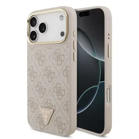 GUESS PU Leather 4G Strass Triangle Logo Gold Frame mágneses tok iPhone 17 Pro / iPhone 18 Pro rózsaszín