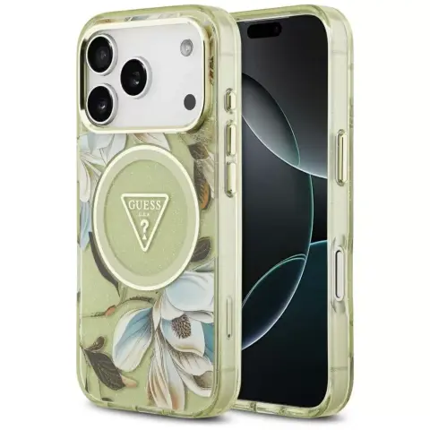 GUESS IML Glitter Flowers MagSafe tok iPhone 17 Pro Max / iPhone 18 Pro Max zöld-arany