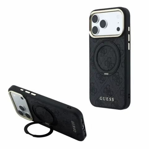 GUESS PU 4G Ring Stand MagSafe tok iPhone 17 Pro Max / iPhone 18 Pro Max fekete-arany