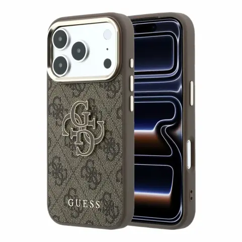 GUESS PU 4G Resin fém logós iPhone 17 Pro Max / iPhone 18 Pro Max tok barna-arany