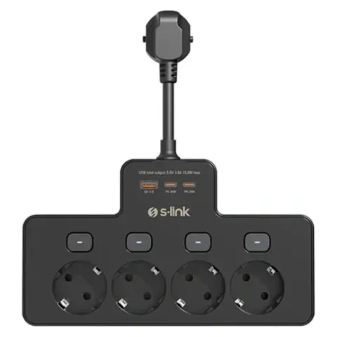 S-LINK PRZ08 4-outlet power strip 3x USB 15cm black protected 43253