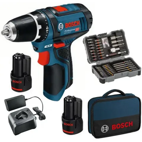 BOSCH Akkus fúrócsavarozó GSR 12V-15 2x2.0Ah + táska + 35 részes tartozék készlet 0615990K9B